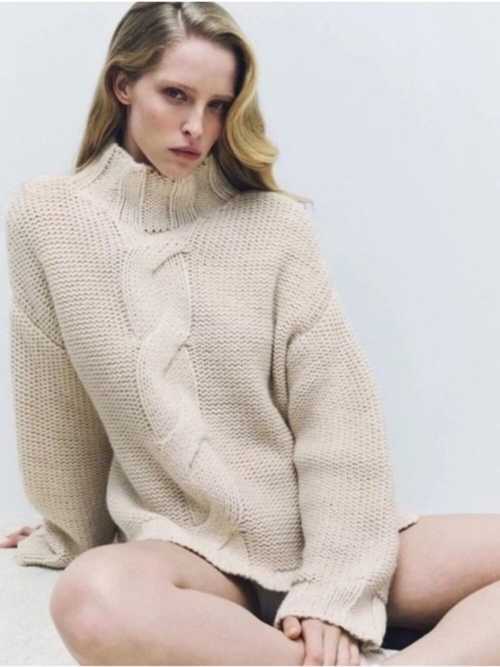 ZARA Chunky Cable Knit Sweater Alpaca Wool Blend Cream Sz L Cozy Oversized Fall